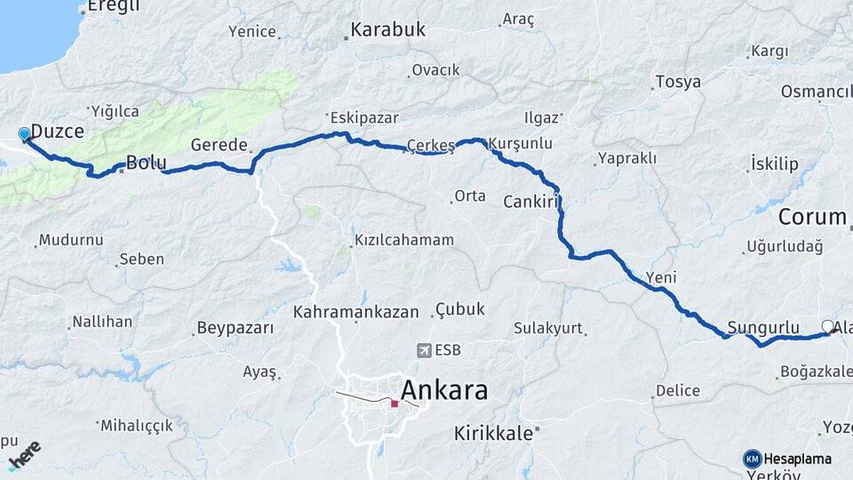 Düzce Alaca Çorum Arası Kaç Km - Yol Haritası
