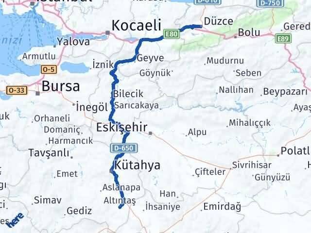 Düzce Altıntaş Kütahya Arası Kaç Km - Yol Haritası