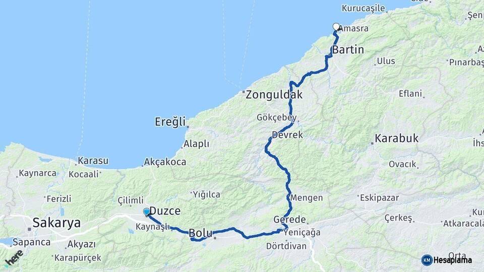 Düzce Amasra Bartın Arası Kaç Km - Yol Haritası