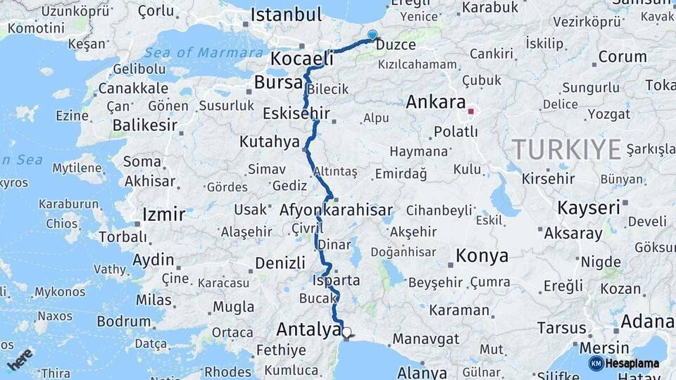 Düzce Antalya Arası Kaç Km - Yol Haritası