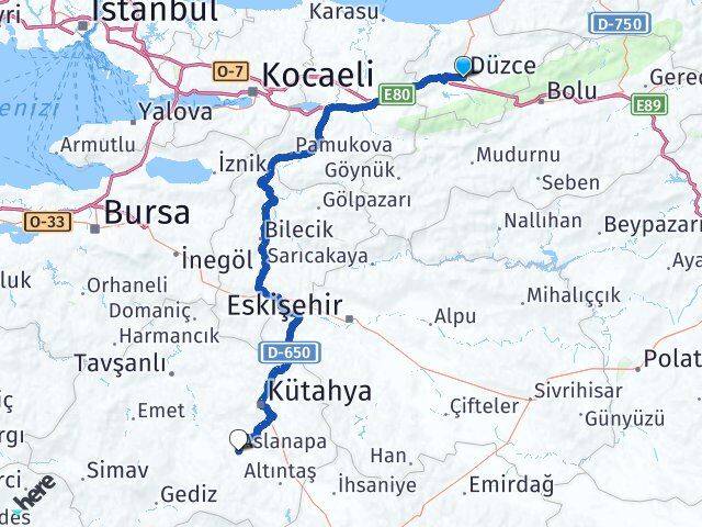 Düzce Aslanapa Kütahya Arası Kaç Km - Yol Haritası