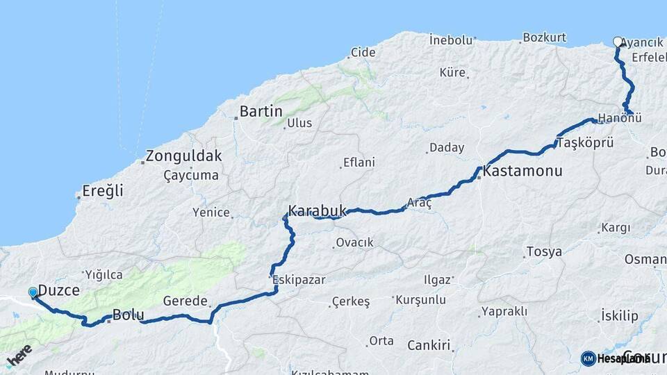 Düzce Ayancık Sinop Arası Kaç Km - Yol Haritası