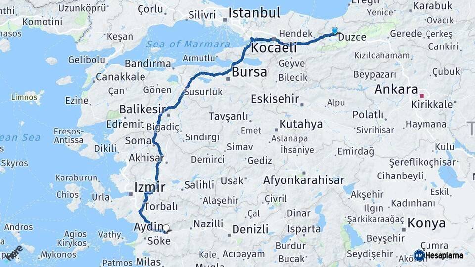Düzce Aydın Arası Kaç Km - Yol Haritası