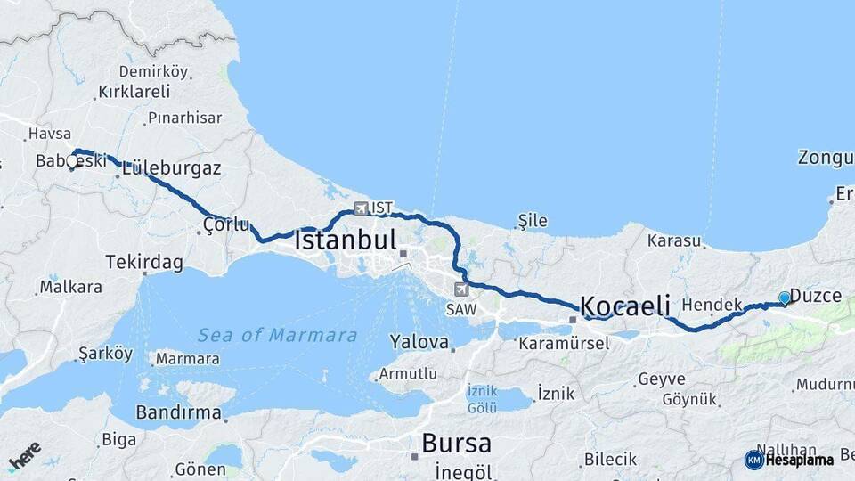 Düzce Babaeski Kırklareli Arası Kaç Km - Yol Haritası