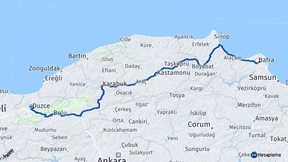 Düzce Bafra Samsun Arası Kaç Km - Yol Haritası