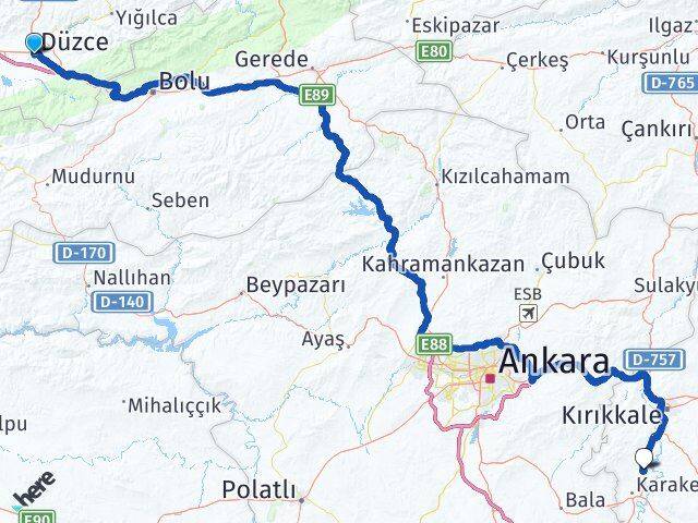 Düzce Bahşili Kırıkkale Arası Kaç Km - Yol Haritası
