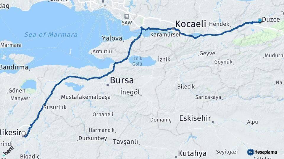 Düzce Balıkesir Arası Kaç Km - Yol Haritası