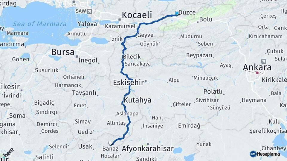 Düzce Banaz Uşak Arası Kaç Km - Yol Haritası
