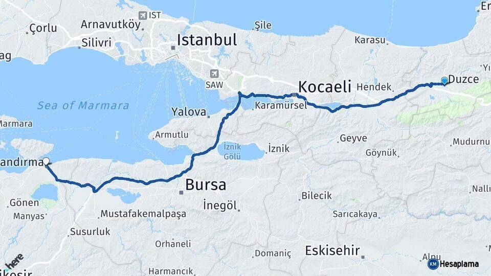 Düzce Bandırma Balıkesir Arası Kaç Km - Yol Haritası