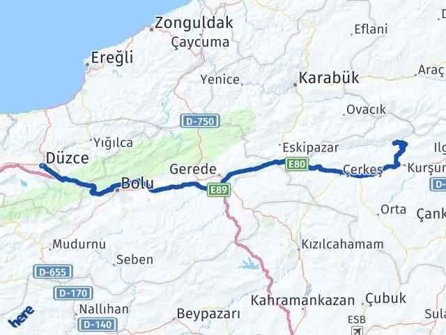 Düzce Bayramören Çankırı Arası Kaç Km - Yol Haritası