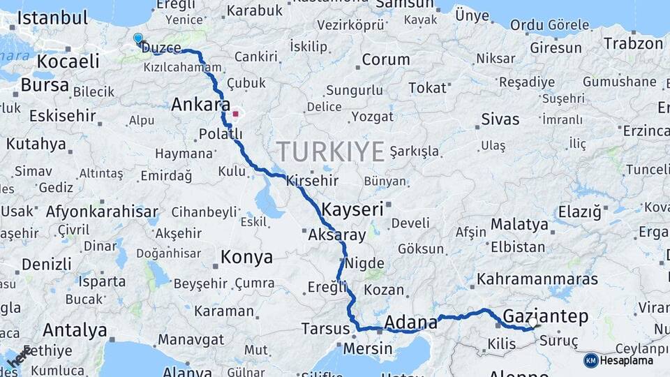 Düzce Birecik Şanlıurfa Arası Kaç Km - Yol Haritası