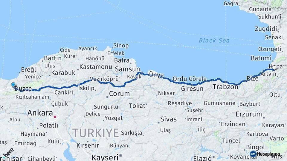 Düzce Borçka Artvin Arası Kaç Km - Yol Haritası