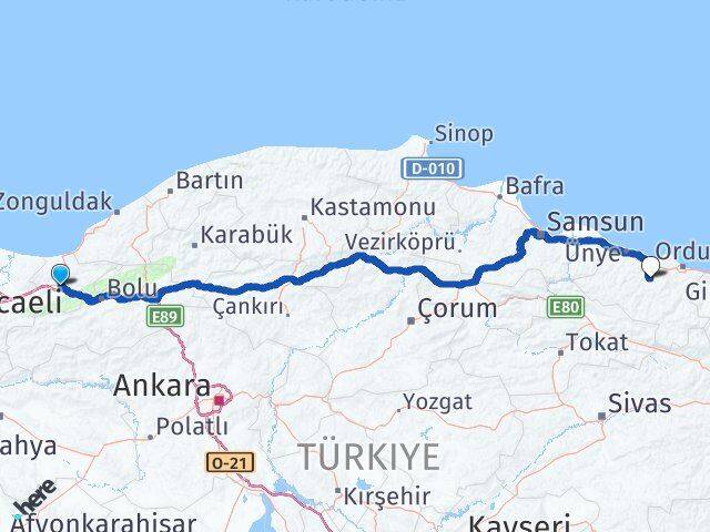 Düzce Çamaş Ordu Arası Kaç Km - Yol Haritası
