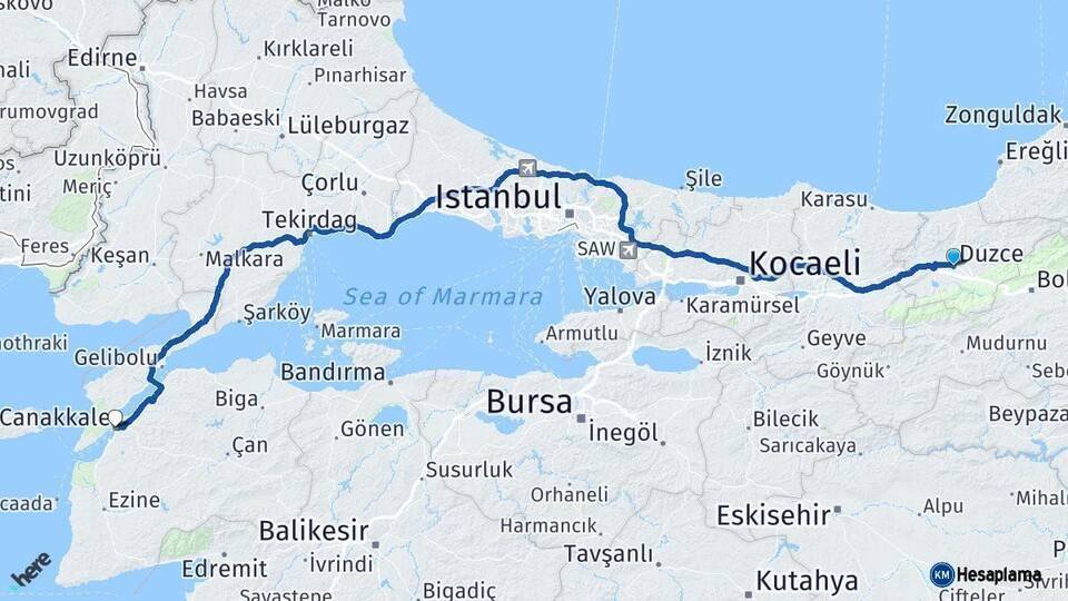 Düzce Çanakkale Arası Kaç Km - Yol Haritası