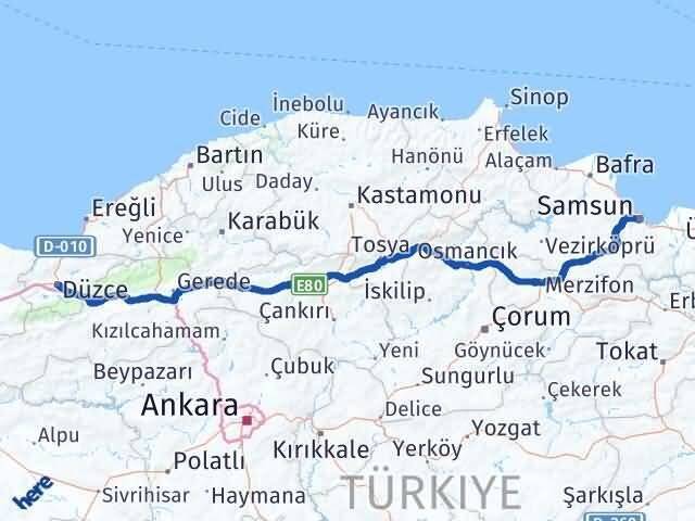 Düzce Canik Samsun Arası Kaç Km - Yol Haritası