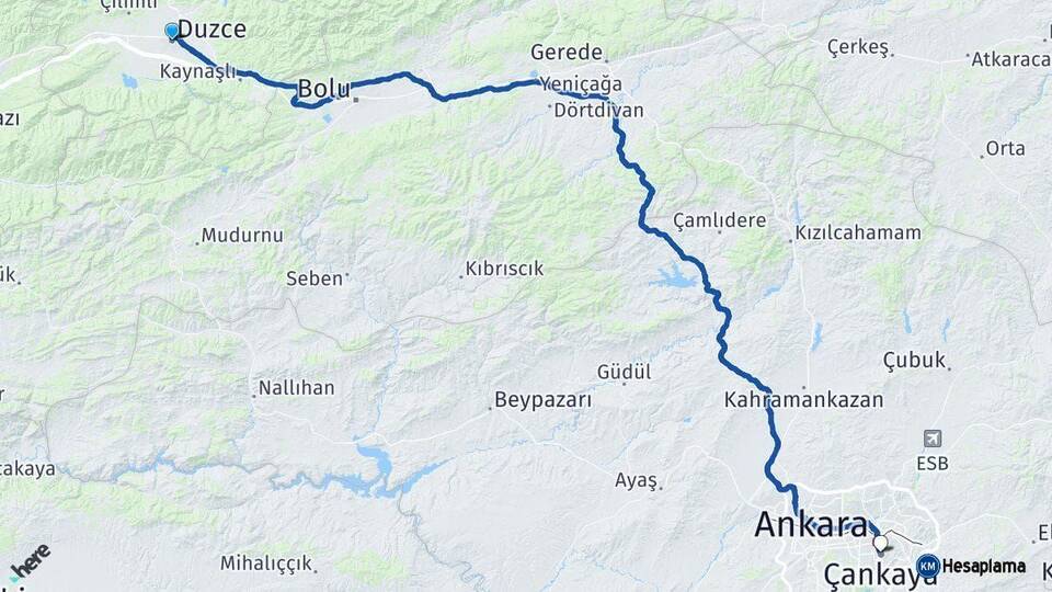 Düzce Çankaya Ankara Arası Kaç Km - Yol Haritası