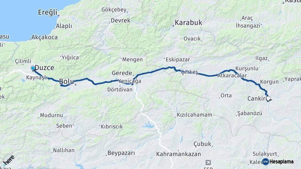 Düzce Çankırı Arası Kaç Km - Yol Haritası