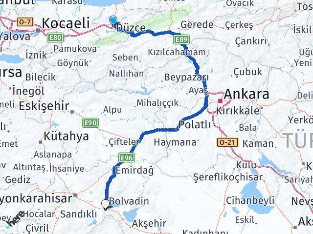Düzce Çay Afyonkarahisar Arası Kaç Km - Yol Haritası