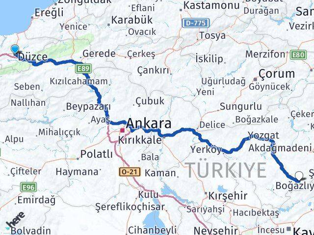Düzce Çayıralan Yozgat Arası Kaç Km - Yol Haritası