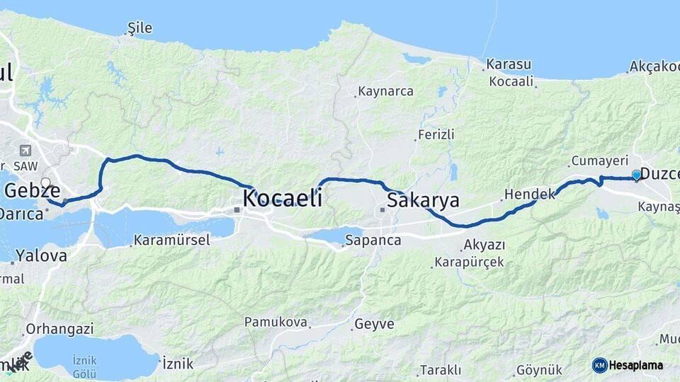 Düzce Çayırova Kocaeli Arası Kaç Km - Yol Haritası