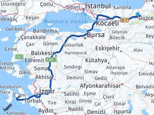 Düzce Çeşme İzmir Arası Kaç Km - Yol Haritası