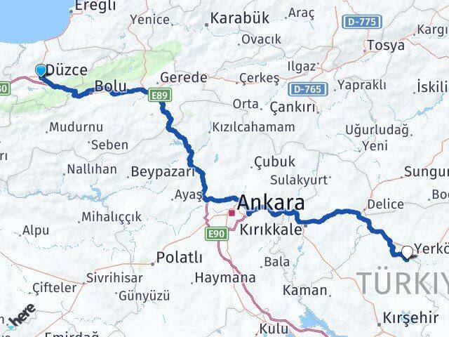 Düzce Çiçekdağı Kırşehir Arası Kaç Km - Yol Haritası