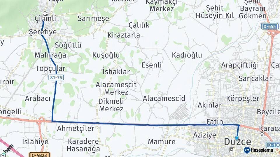 Düzce Çilimli Arası Kaç Km - Yol Haritası
