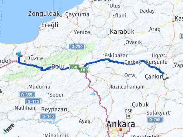 Düzce Çilimli Çankırı Arası Kaç Km - Yol Haritası