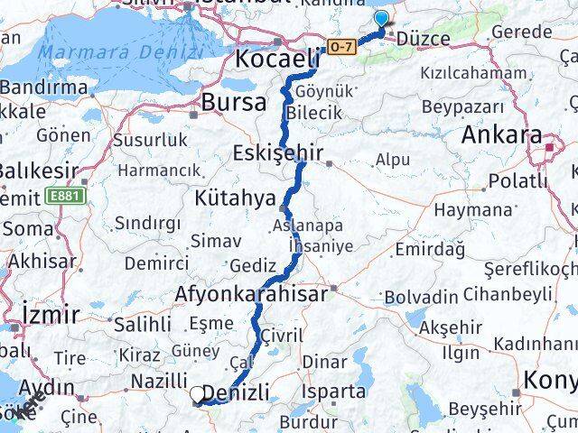 Düzce Çilimli Denizli Arası Kaç Km - Yol Haritası