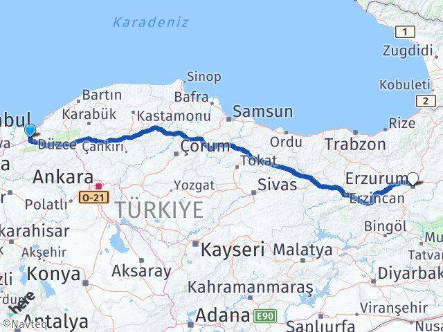 Düzce Çilimli Erzurum Arası Kaç Km - Yol Haritası