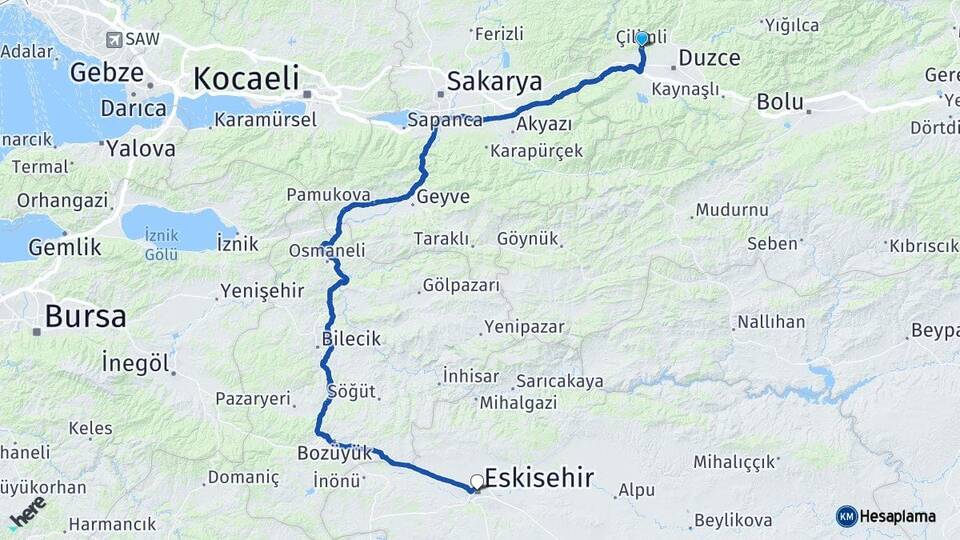 Düzce Çilimli Eskişehir Arası Kaç Km - Yol Haritası