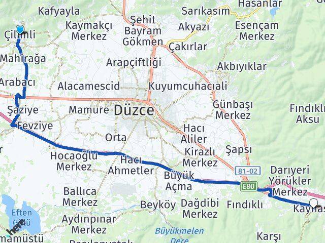 Düzce Çilimli Kaynaşlı Arası Kaç Km - Yol Haritası
