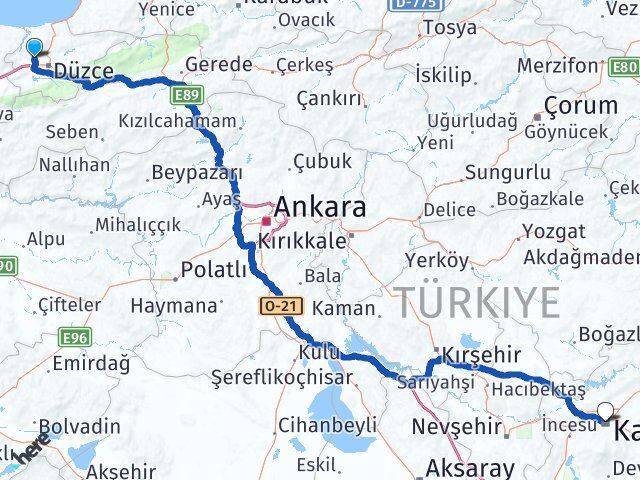 Düzce Çilimli Kayseri Arası Kaç Km - Yol Haritası