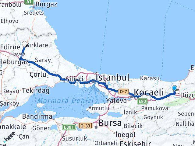 Düzce Çilimli Kırklareli Arası Kaç Km - Yol Haritası