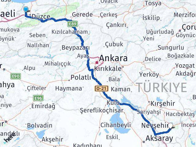 Düzce Çilimli Nevşehir Arası Kaç Km - Yol Haritası
