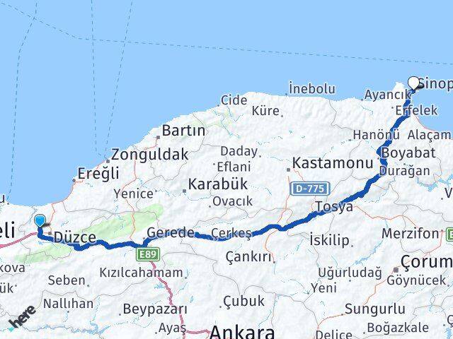 Düzce Çilimli Sinop Arası Kaç Km - Yol Haritası