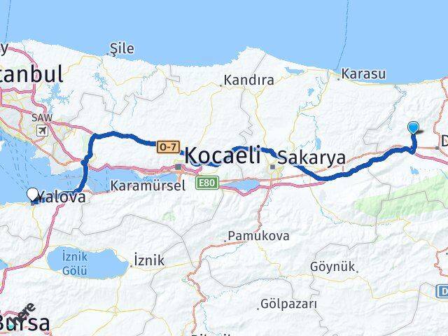 Düzce Çilimli Yalova Arası Kaç Km - Yol Haritası