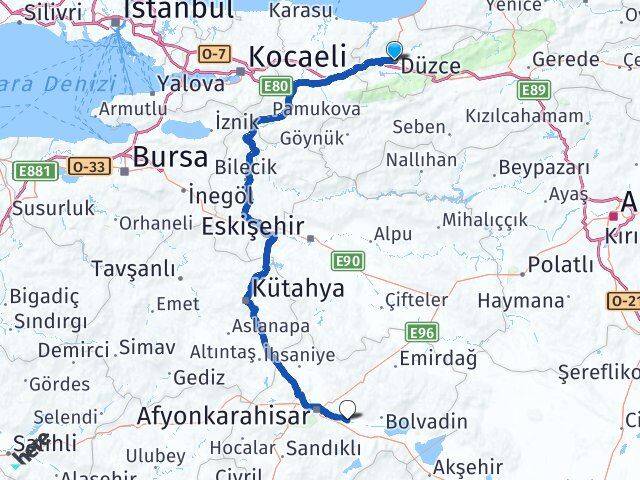 Düzce Çobanlar Afyonkarahisar Arası Kaç Km - Yol Haritası