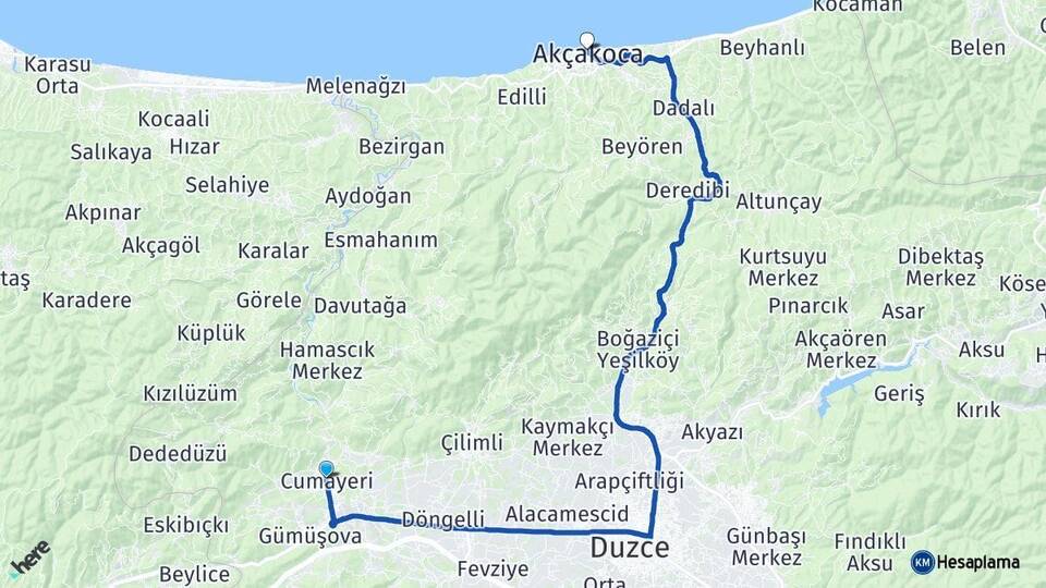 Düzce Cumayeri Akçakoca Arası Kaç Km - Yol Haritası