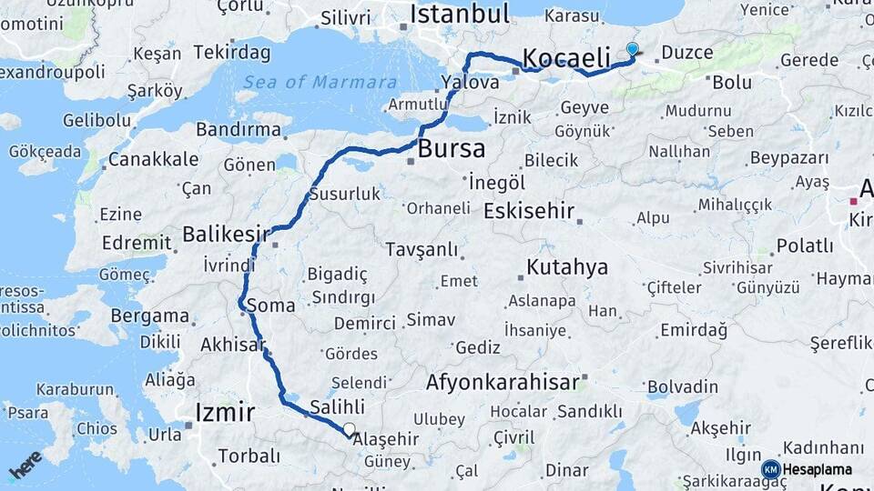 Düzce Cumayeri Alaşehir Manisa Arası Kaç Km - Yol Haritası