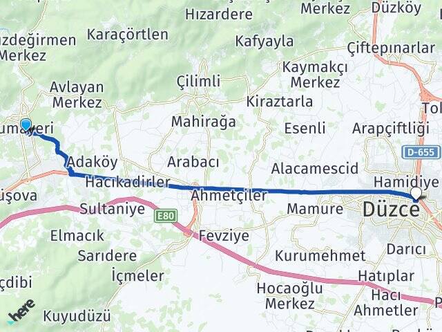 Çevrik Düzce Otogarı Arası Kaç Km - Yol Tarifi