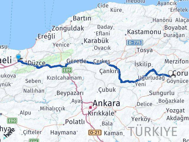 Düzce Cumayeri Çorum Arası Kaç Km - Yol Haritası