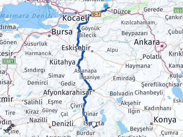 Düzce Cumayeri Isparta Arası Kaç Km - Yol Haritası