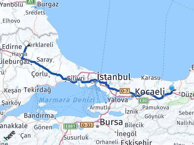 Düzce Cumayeri Kırklareli Arası Kaç Km - Yol Haritası
