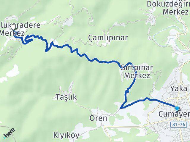 Düzce Cumayeri Ordulukaradere Cumayeri Arası Kaç Km - Yol Haritası