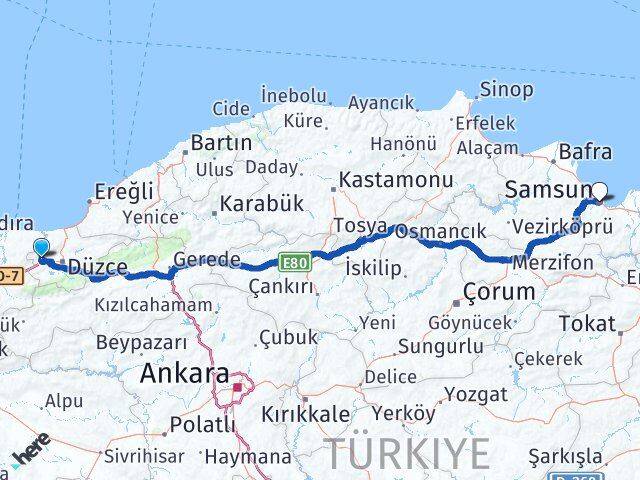 Düzce Cumayeri Samsun Arası Kaç Km - Yol Haritası