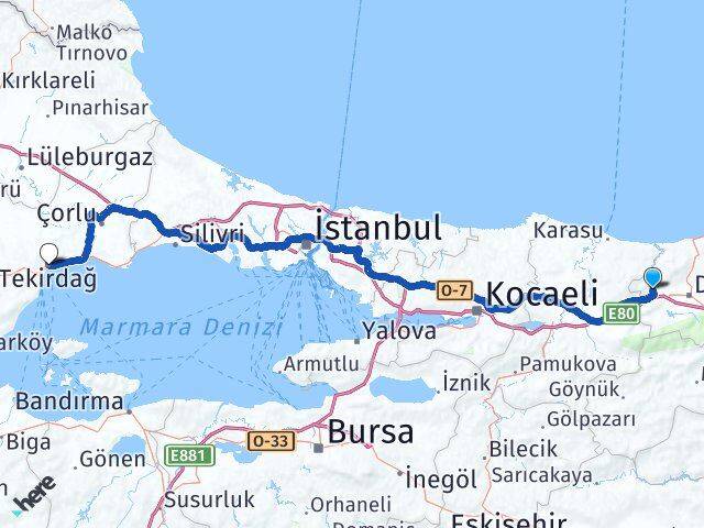 Düzce Cumayeri Tekirdağ Arası Kaç Km - Yol Haritası