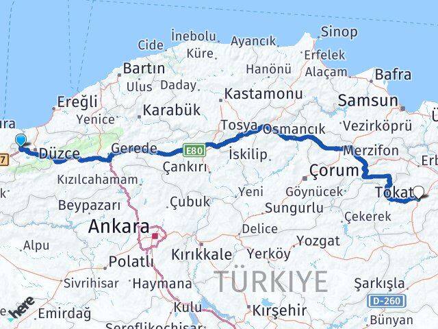 Düzce Cumayeri Tokat Arası Kaç Km - Yol Haritası