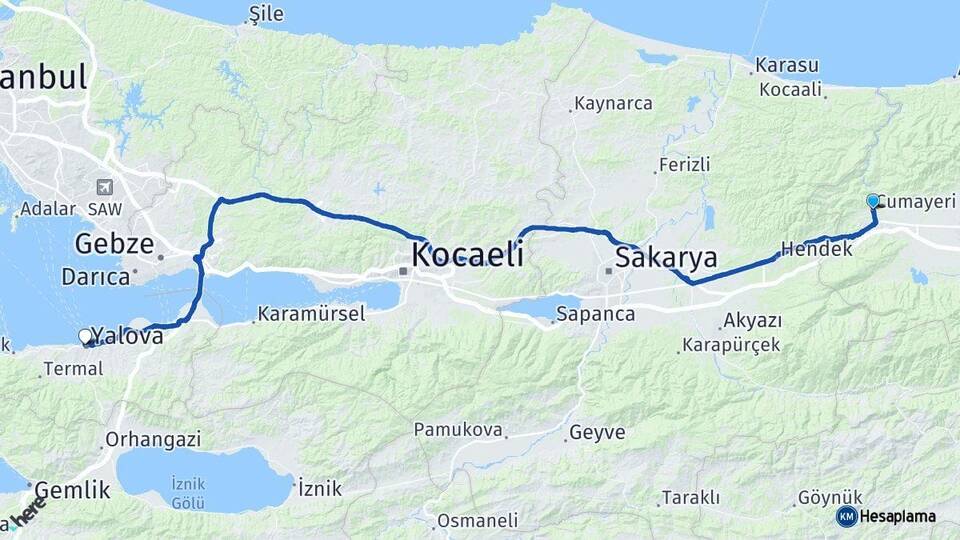 Düzce Cumayeri Yalova Arası Kaç Km - Yol Haritası