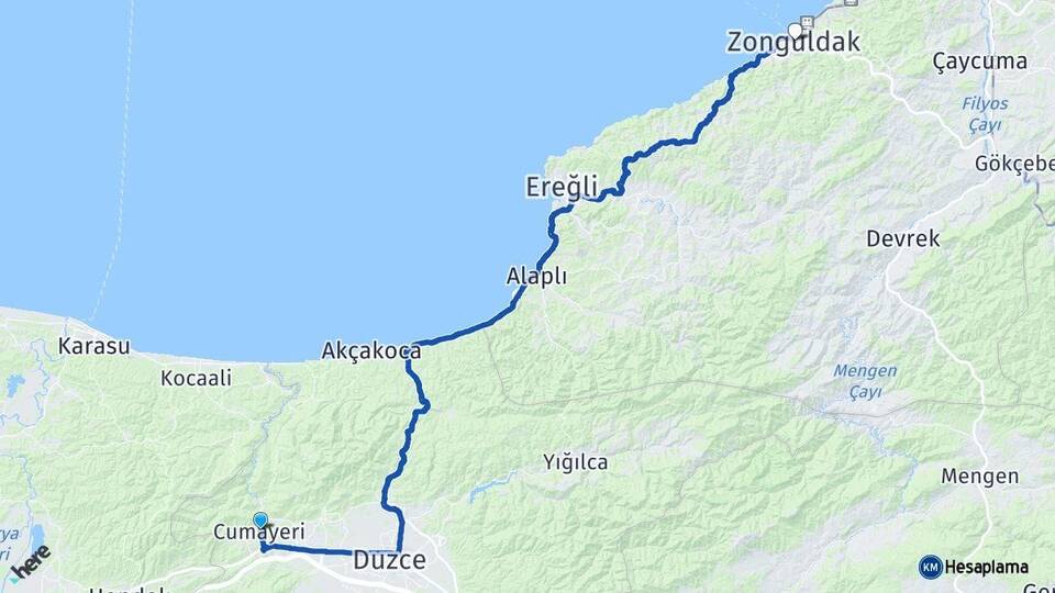 Düzce Cumayeri Zonguldak Arası Kaç Km - Yol Haritası